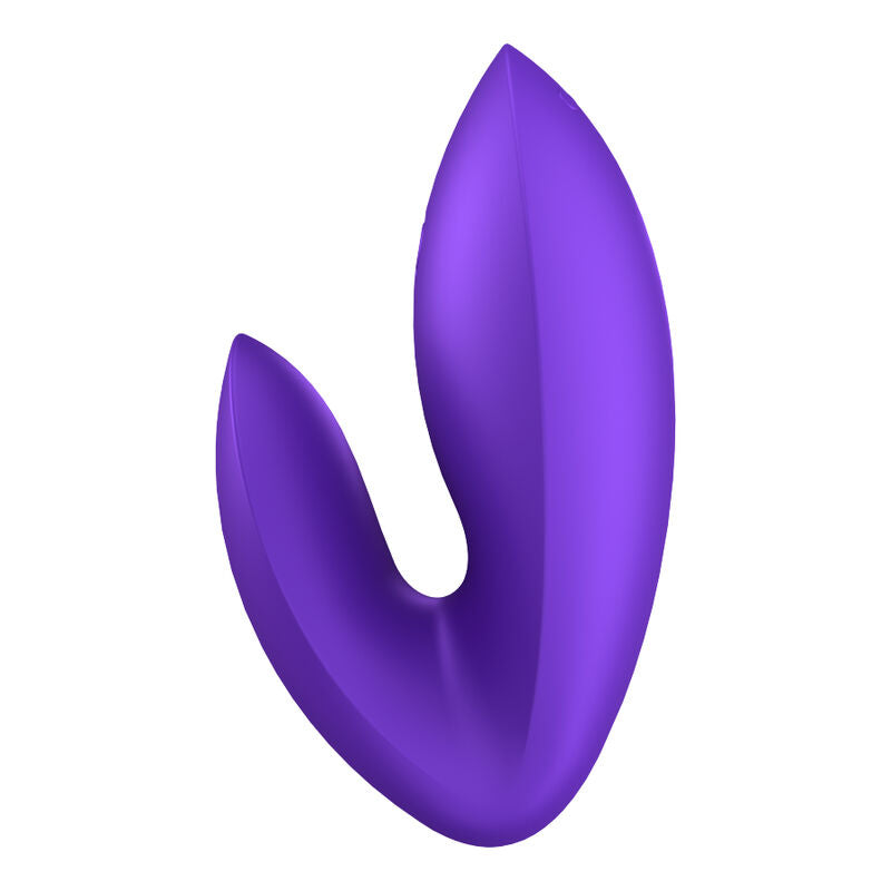 Stimulateur Love Riot Satisfyer violet a deux bras courbes en V, forme compacte lisse, silicone doux, vibrateur doigt pour clitoris et levres.