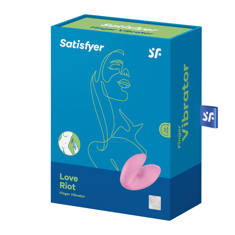 Boite Satisfyer Love Riot Finger Vibrator bleue, dessin au trait d'un profil, vibromasseur doigt rose, silicone doux pour stimulation clitoridienne.
