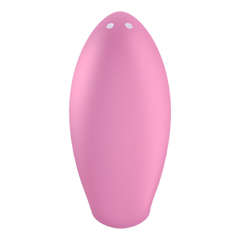 Vibromasseur Satisfyer Love Riot rose vu de dessus, surface ovale lisse a deux contacts, silicone doux, vibrateur doigt compact et discret.