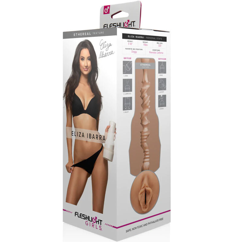 Boite Fleshlight Girls Eliza Ibarra a effigie d'actrice, packaging presentant la gaine moulee en SuperSkin et les caracteristiques du masturbateur signature.