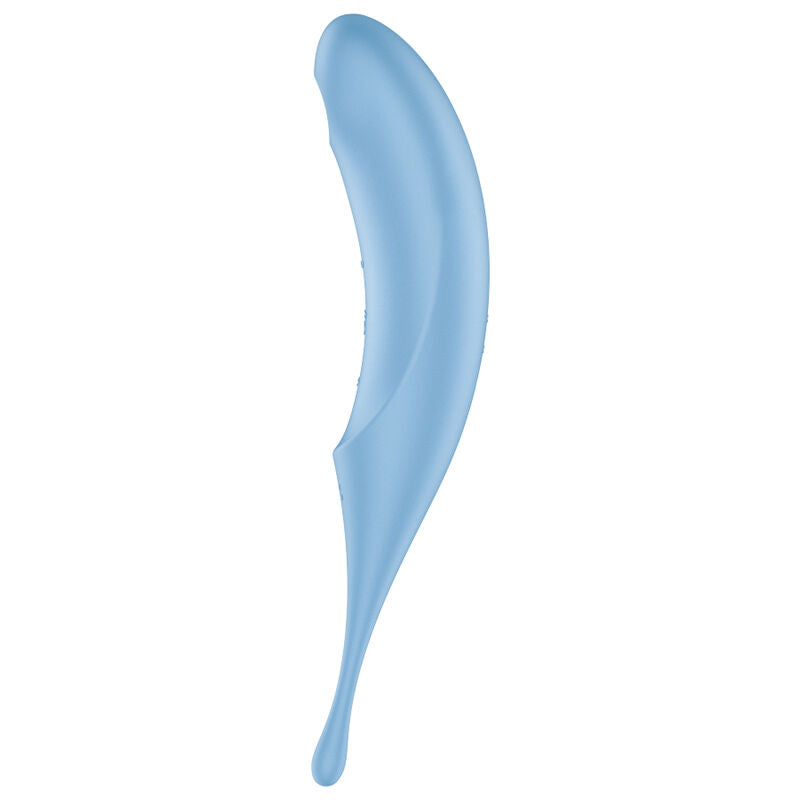 Stimulateur clitoridien Twirling Pro bleu ciel de profil, corps incurve effile et pointe air pulse, silicone lisse, circulation et air pulse en un.