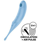 Stimulateur clitoridien Twirling Pro Satisfyer bleu ciel, long embout air pulse effile, silicone lisse, technologie circulation et air pulse deux en un.