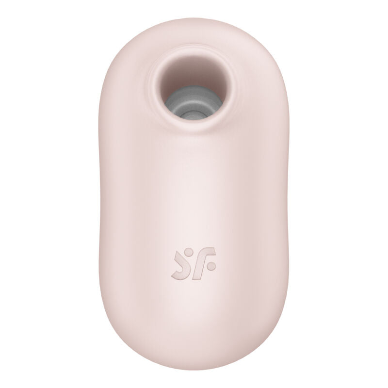 Stimulateur Pro To Go 2 beige rose vu de face, large embout air pulse noir, logo SF, silicone doux, double air pulse pour stimulation clitoridienne nomade.