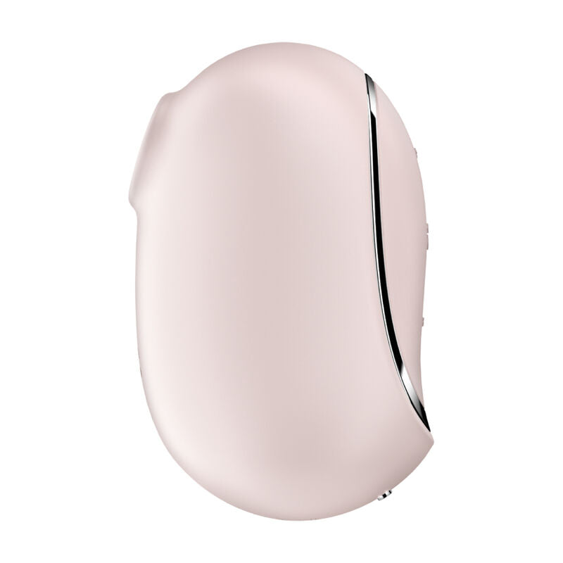 Stimulateur Satisfyer Pro To Go 2 beige rose de profil, galet lisse a liseré chrome, silicone doux, format nomade, air pulse et vibration etanche.