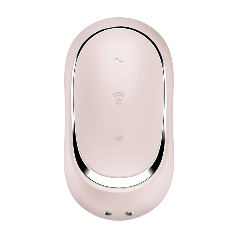 Stimulateur Pro To Go 2 beige rose vu de dessus, coque ovale a liseré chrome et boutons tactiles, silicone doux, double air pulse format nomade.