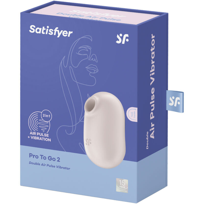 Boite Satisfyer Pro To Go 2 bleue, dessin au trait d'un profil, stimulateur clitoridien beige rose double air pulse en format nomade compact.