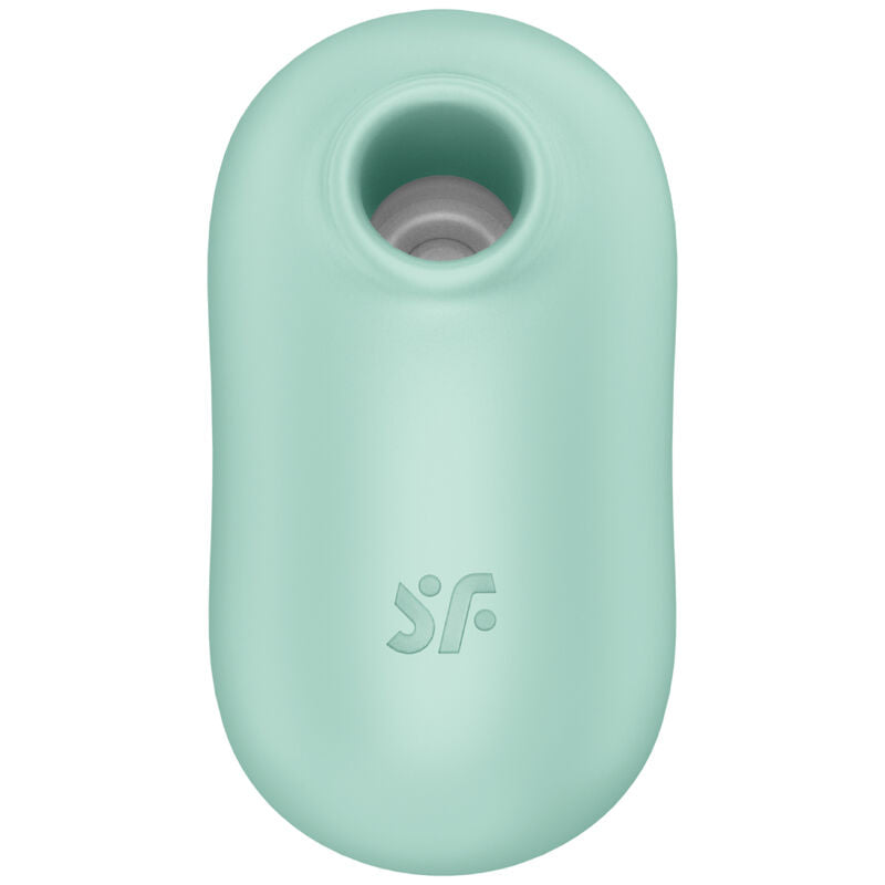 Stimulateur Pro To Go 2 vert menthe vu de face, large embout air pulse, logo SF, silicone doux, double air pulse pour stimulation clitoridienne nomade.