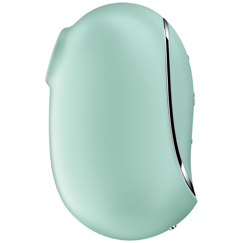 Stimulateur Satisfyer Pro To Go 2 vert menthe de profil, galet lisse a liseré chrome, silicone doux, format nomade, air pulse et vibration etanche.