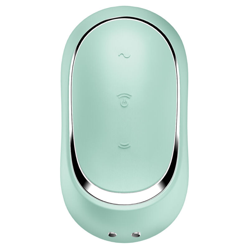 Stimulateur Pro To Go 2 vert menthe vu de dessus, coque ovale a liseré chrome et boutons tactiles, silicone doux, double air pulse format nomade.