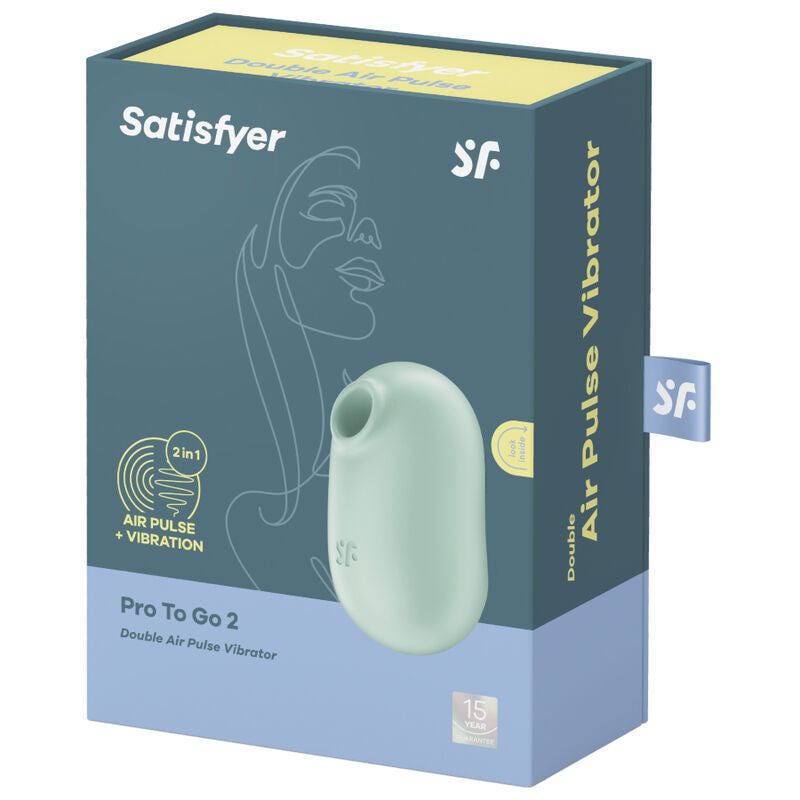 Boite Satisfyer Pro To Go 2 grise et bleue, illustration au trait d'un profil, stimulateur clitoridien vert menthe double air pulse nomade.