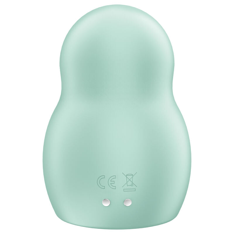 Stimulateur Satisfyer Pro To Go 1 vert menthe vu de dos, corps en poire lisse, marquages CE et boutons, silicone doux nomade, double air pulse.
