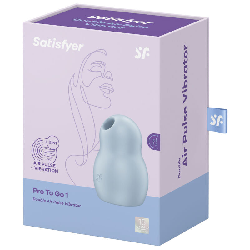 Boite Satisfyer Pro To Go 1 mauve et bleue, dessin au trait d'un profil, stimulateur clitoridien bleu double air pulse en format nomade.
