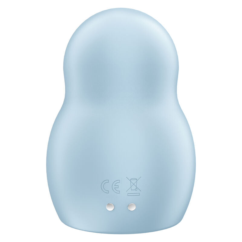 Stimulateur Satisfyer Pro To Go 1 bleu pastel vu de dos, corps en poire lisse, marquages CE et boutons, silicone doux nomade, double air pulse.