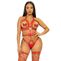 Harnais teddy rouge cuir vegan porte de face avec bonnets ouverts a noeuds, anneaux toriques et bas resille, piece strappy audacieuse Leg Avenue entre lingerie et fetiche.