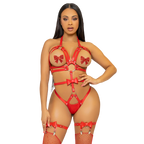 Harnais teddy rouge cuir vegan porte de face avec bonnets ouverts a noeuds, anneaux toriques et bas resille, piece strappy audacieuse Leg Avenue entre lingerie et fetiche.