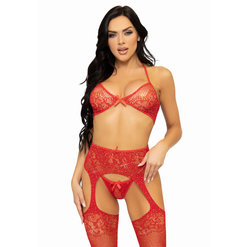 Ensemble trois pièces soutien-gorge, string et bas porte-jar — vue de profil