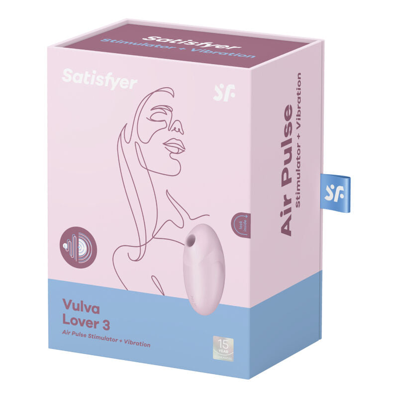 Boite Vulva Lover 3 rose et bleu Satisfyer Air Pulse, visage graphique au trait et stimulateur galet illustre, silicone aspiration et vibration etanche.