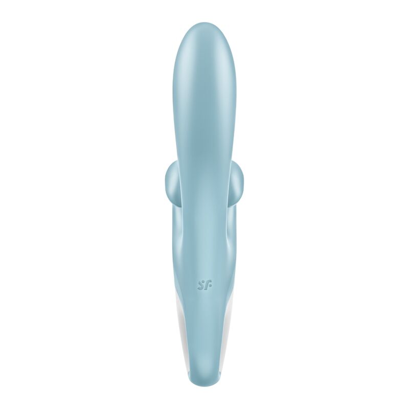 Vibromasseur Touch Me bleu clair vu de dos, tige galbee et logo SF, base blanche, rabbit flexible en silicone medical Satisfyer etanche et rechargeable.