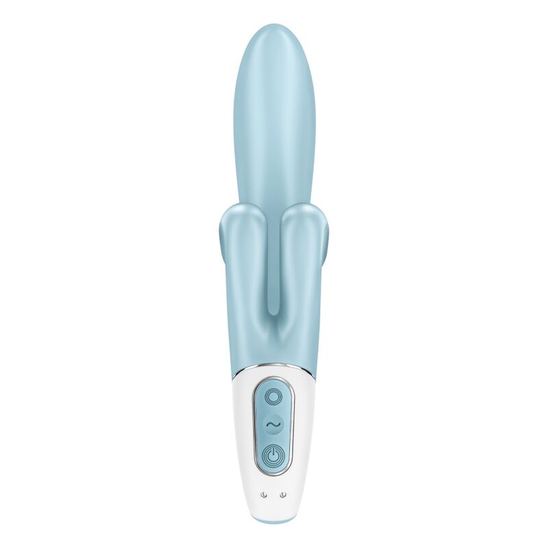 Vibromasseur lapin Touch Me bleu de face, oreilles clitoridiennes jumelles et boutons sur poignee blanche, rabbit en silicone medical Satisfyer rechargeable.