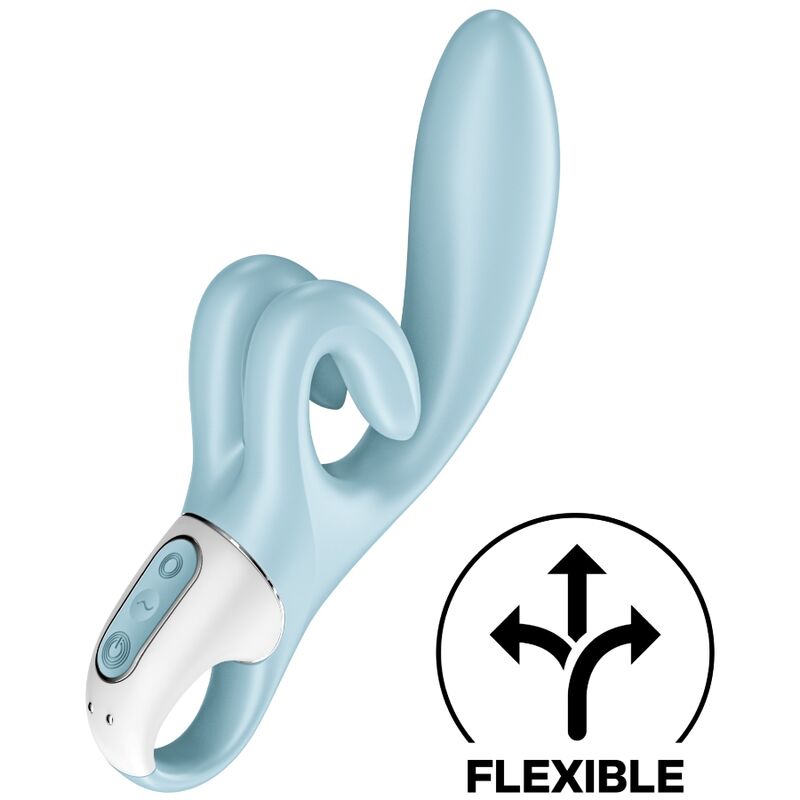 Vibromasseur lapin Touch Me bleu vu de trois quarts avec icone flexible, oreille clitoridienne et poignee blanche, rabbit en silicone medical Satisfyer etanche.
