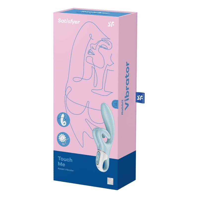 Boite rose Touch Me Rabbit Vibrator Satisfyer avec visage graphique, le rabbit bleu clair en silicone medical illustre, double stimulation etanche rechargeable.