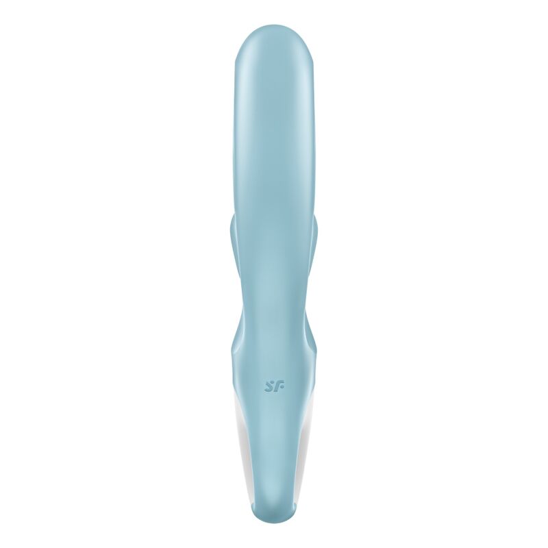Vibromasseur Love Me bleu clair vu de dos, tige galbee lisse a logo SF, rabbit a double stimulation inversee en silicone medical Satisfyer etanche.