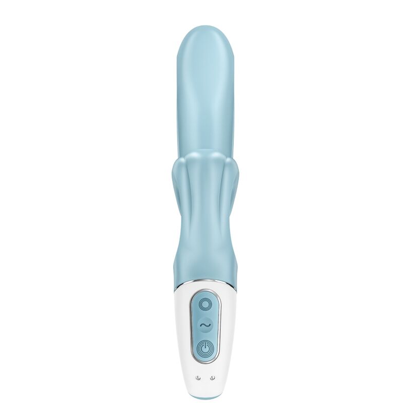 Rabbit Love Me bleu vu de face, tige texturee et poignee blanche a boutons de commande, vibromasseur double stimulation en silicone medical Satisfyer.