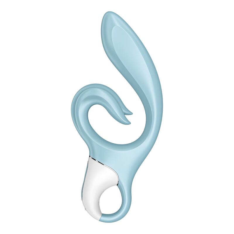 Rabbit Love Me bleu de trois quarts, bras clitoridien recourbe et anneau blanc de prehension, double stimulation inversee en silicone medical Satisfyer etanche.