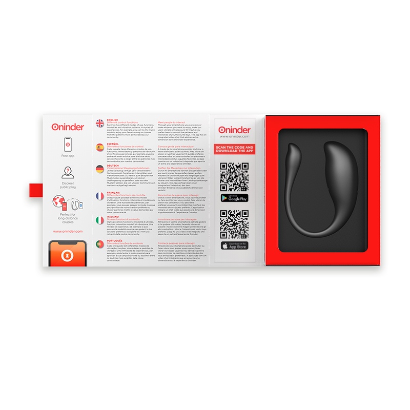 Coffret rouge ouvert de l'oeuf vibrant Nairobi gris avec notice multilingue, QR code application et l'oeuf silicone loge dans son logement noir.