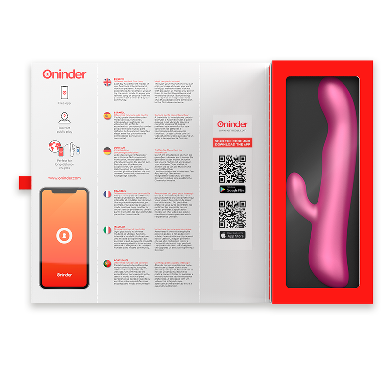 Coffret rouge ouvert du rabbit Oslo Oninder avec notice multilingue, QR code de telechargement de l'application et le vibromasseur rose loge dans son ecrin.
