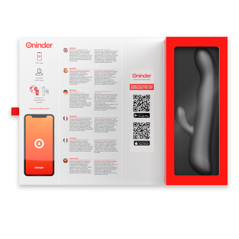 Coffret rouge du rabbit Oslo gris Oninder ouvert avec notice illustree, QR code application et le vibromasseur silicone presente dans son logement noir.