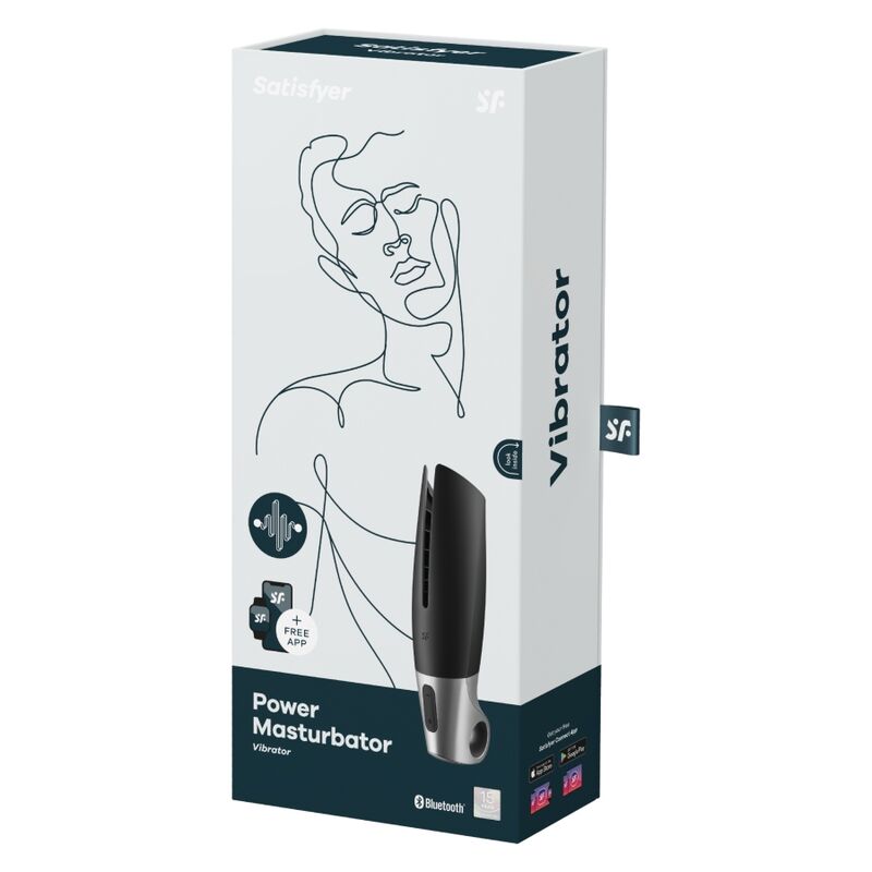 Boite blanche Power Masturbator Satisfyer avec visage graphique au trait et pictos Bluetooth, le masturbateur noir en silicone illustre sur le packaging.