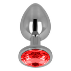 Plug anal Ohmama métal chromé, gros plan sur le cristal rouge serti à la base