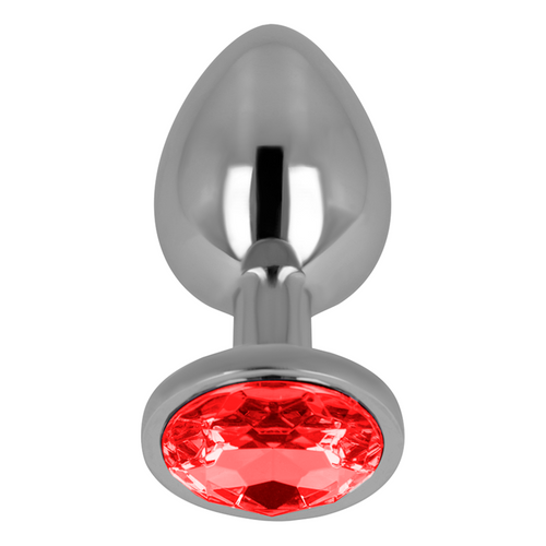 Plug anal Ohmama métal chromé, gros plan sur le cristal rouge serti à la base