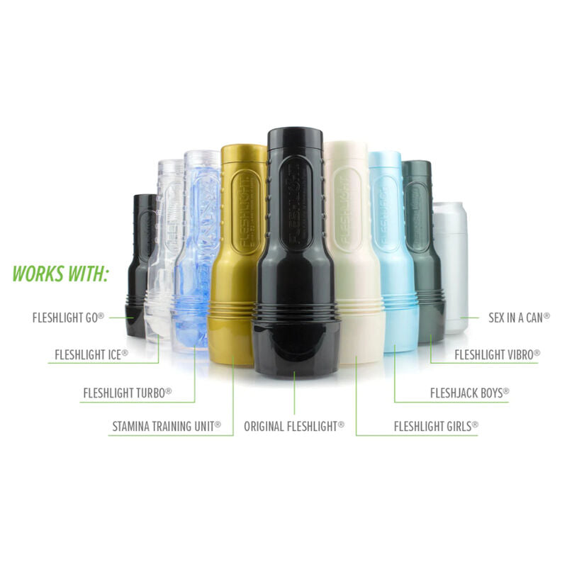 Schema de compatibilite du masturbateur automatique Fleshlight Launch, illustrant les differentes gammes d'etuis et gaines acceptees par l'appareil motorise.