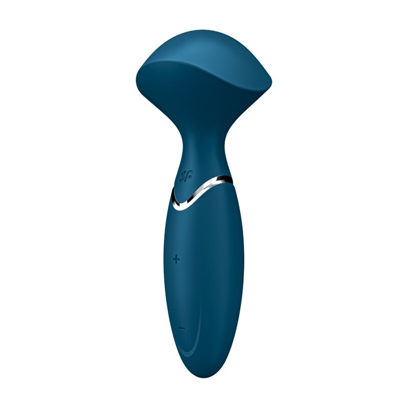 Vibrateur Mini Wand-er bleu canard de face, tete massante en eventail et boutons plus-moins, wand compact en silicone Satisfyer etanche 12 modes.