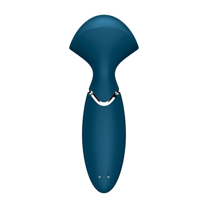 Vibrateur Mini Wand-er bleu canard vu de face, large tete plate de massage et manche fusele, wand compact en silicone Satisfyer 16 cm etanche.