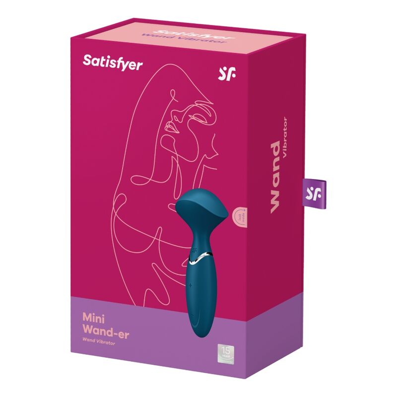 Boite rose framboise Mini Wand-er Satisfyer avec visage graphique stylise, le mini wand bleu canard en silicone illustre sur le packaging etanche 12 modes.