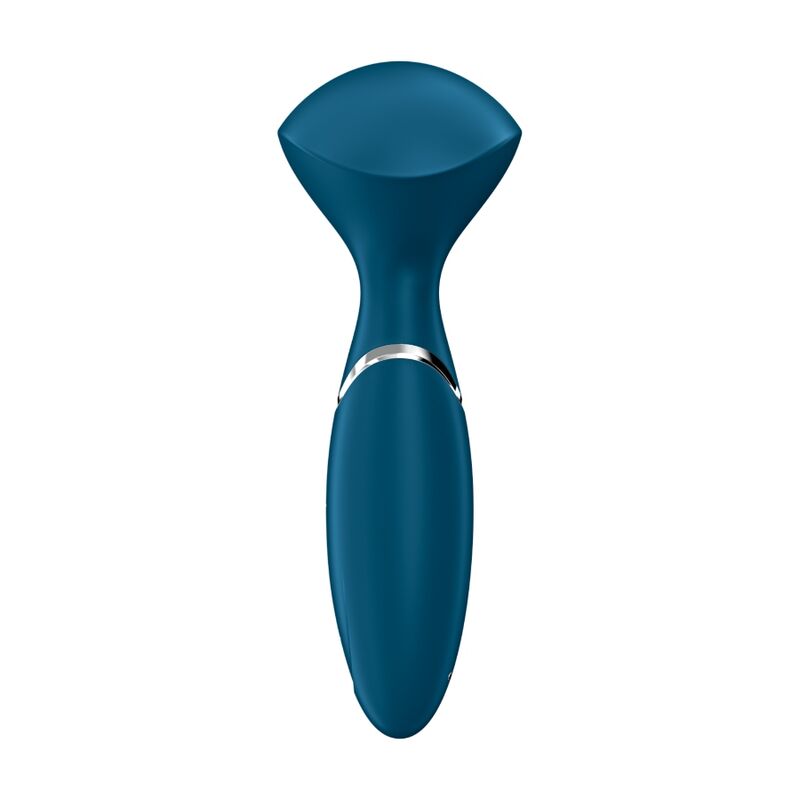 Vibrateur Mini Wand-er bleu canard de face, tete massante large et manche a liseret chrome, wand compact en silicone Satisfyer 16 cm etanche rechargeable.