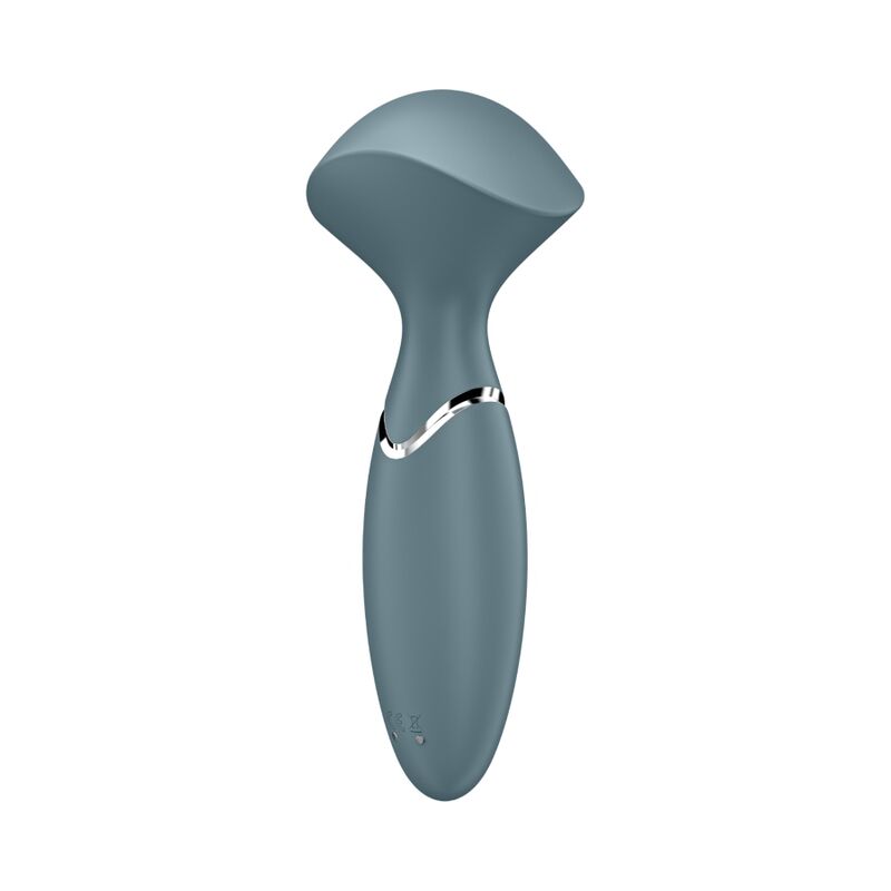 Vibrateur Mini Wand-er gris bleute de face, tete massante en eventail et corps fusele lisse, wand polyvalent compact en silicone Satisfyer 12 modes etanche.