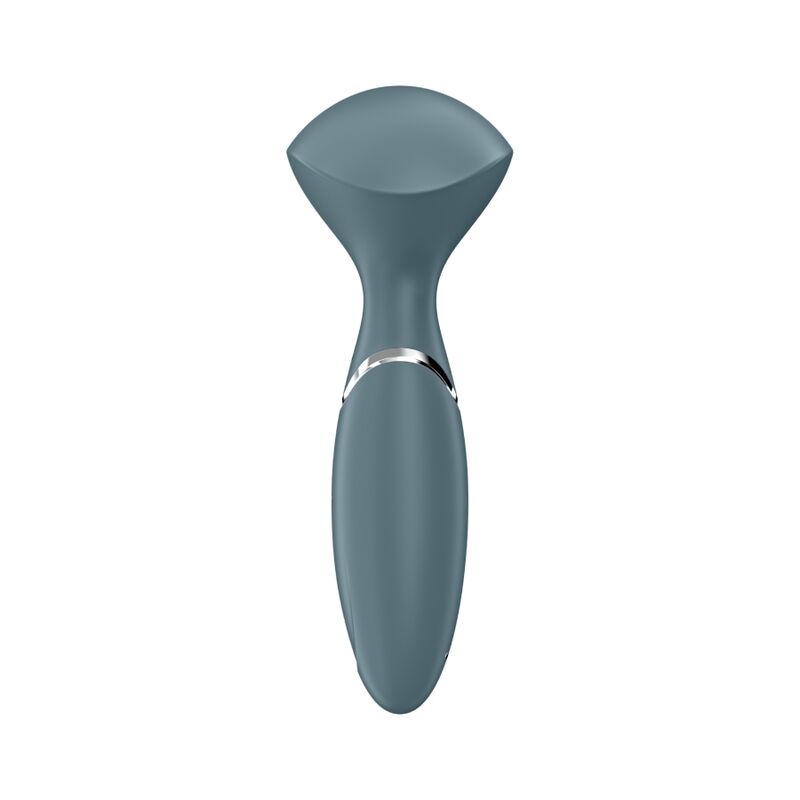 Vibrateur Mini Wand-er gris bleute vu de face, large tete plate de massage et manche fin, wand compact en silicone Satisfyer 16 cm etanche rechargeable.