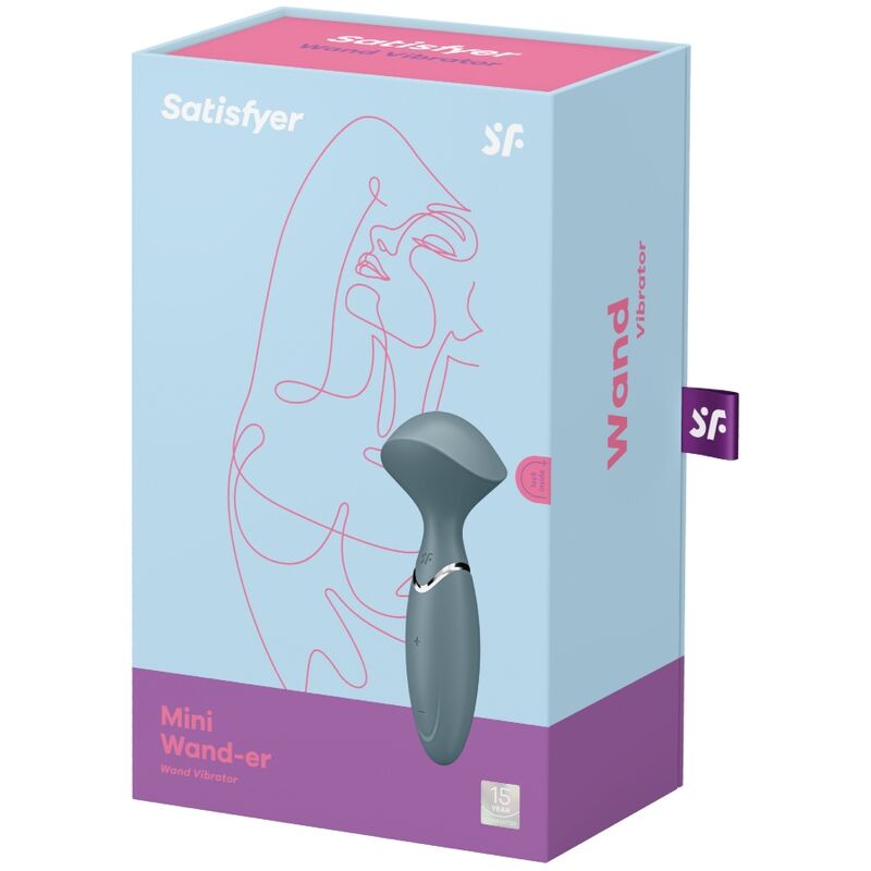Boite bleu clair et rose Mini Wand-er Satisfyer avec visage graphique au trait, le mini wand gris bleute en silicone illustre, wand compact etanche 12 modes.
