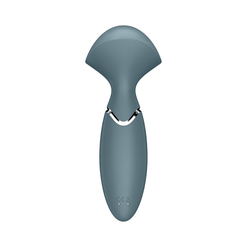 Vibrateur Mini Wand-er gris bleute de face avec logo SF, tete massante arrondie et manche etroit, wand compact polyvalent en silicone Satisfyer etanche.