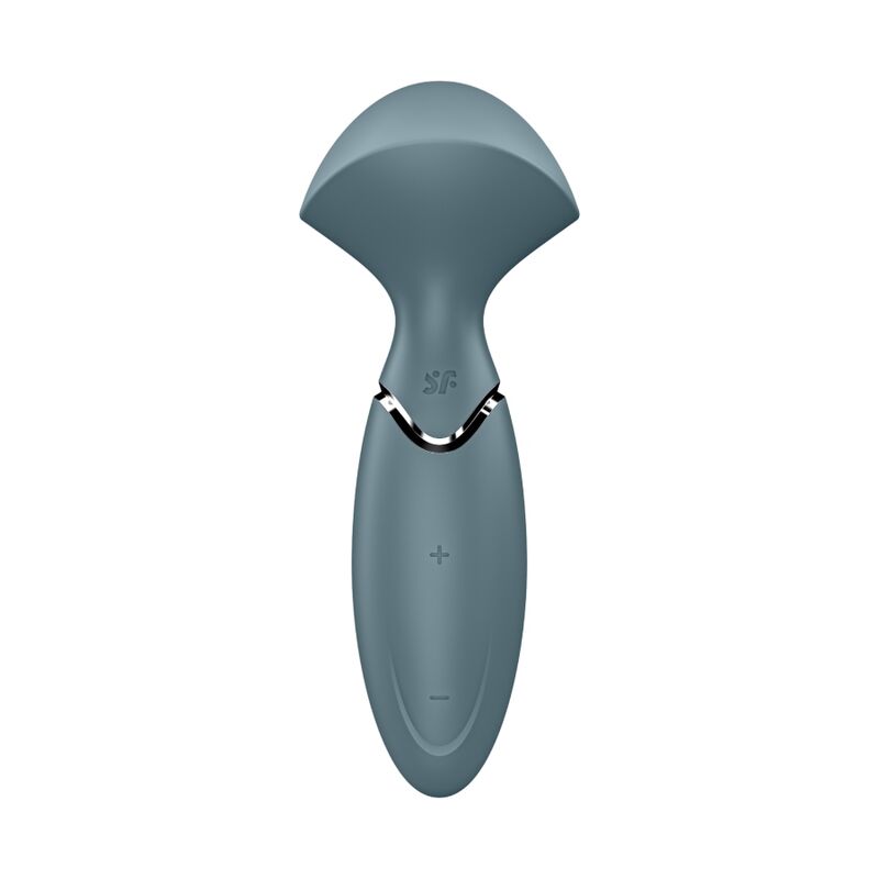 Vibrateur Mini Wand-er gris bleute de face avec boutons plus-moins, tete massante large et manche fusele, wand compact en silicone Satisfyer etanche.