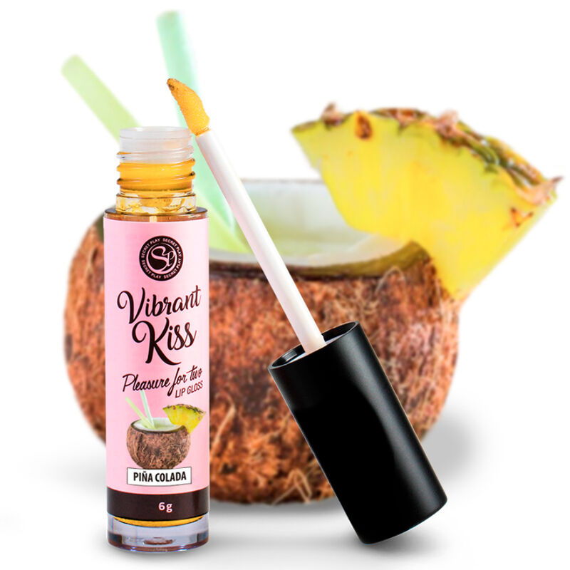 Gloss a levres vibrant Vibrant Kiss Secretplay saveur pina colada, flacon rose avec applicateur, presente sur noix de coco, picotement doux comestible.