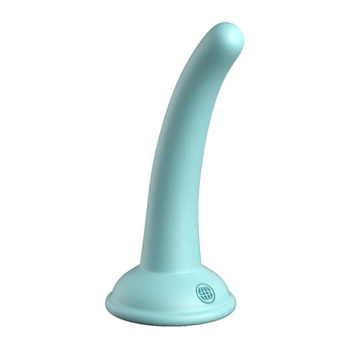 Gode Curious Five silicone vert d'eau vu de face, tige incurvee a tete bombee lisse, ventouse ronde gravee, silicone platine non poreux 12,7 cm pour debuter en douceur