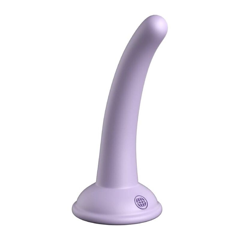 Gode Curious Five silicone lilas vu de profil, courbure douce et tete bombee lisse, base ventouse ronde, silicone platine non poreux 12,7 cm pour debuter compatible harnais
