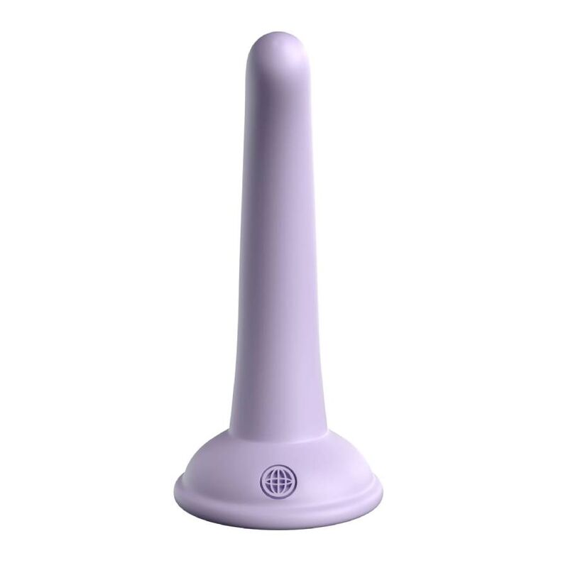 Gode Curious Five en silicone lilas dresse sur sa ventouse, tige fine a pointe lisse arrondie, large base gravee, silicone medical 12,7 cm au format compact accessible