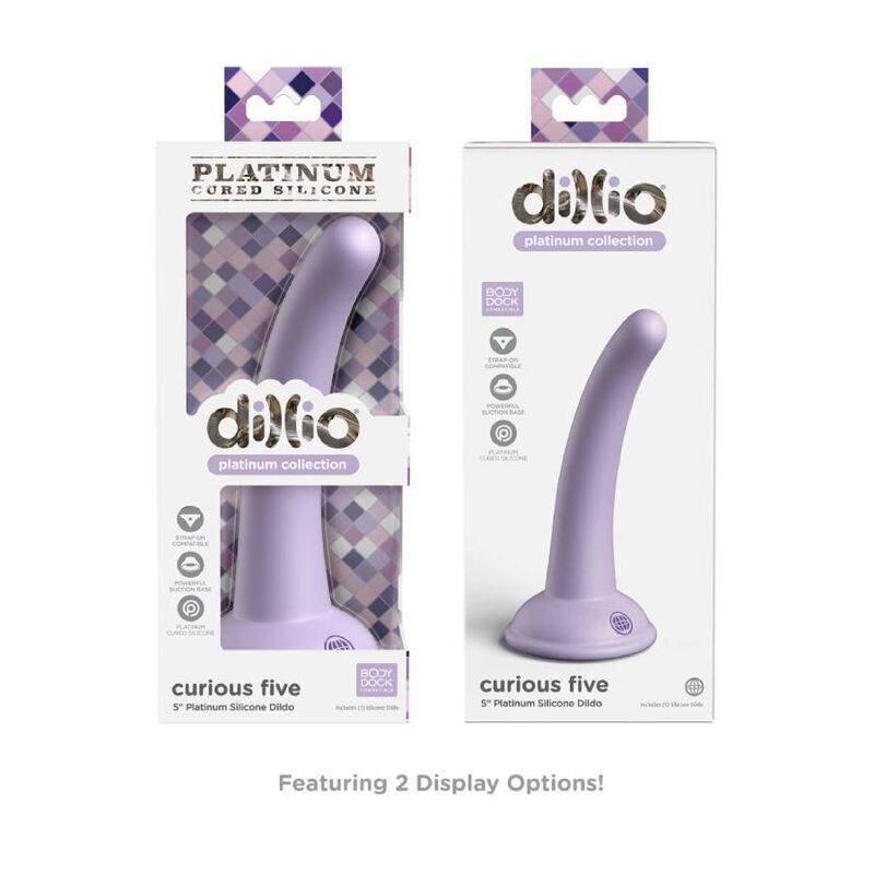 Deux boites dillio Platinum Curious Five lilas cote a cote, options d'affichage du gode silicone a tete lisse, carton damier violet, gode medical 12,7 cm compatible harnais