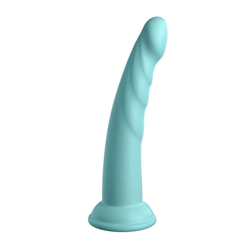 Gode Slim Seven silicone turquoise a fut torsade et nervures spiralees, tige incurvee non anatomique, base ventouse, silicone platine medical de 17,78 cm compatible harnais